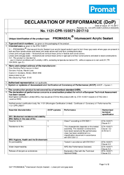 Etex Promat DOP Certificate Promaseal Intumescent Acrylic Sealant Linear Joint Seal