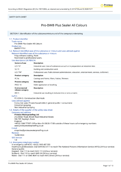 Safety Data Sheet - Pro-BW® Plus Sealer