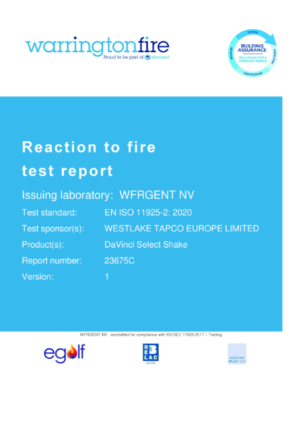 DaVinci Select Shake EN ISO 11925-2 (Reaction to Fire) Test Report