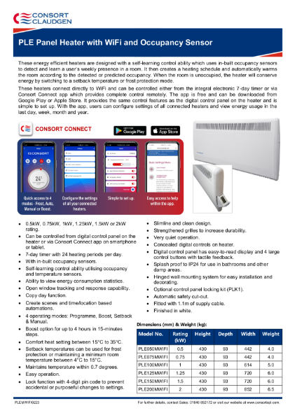 PLE Panel Heater with Wifi and Occupancy Sensor data sheet