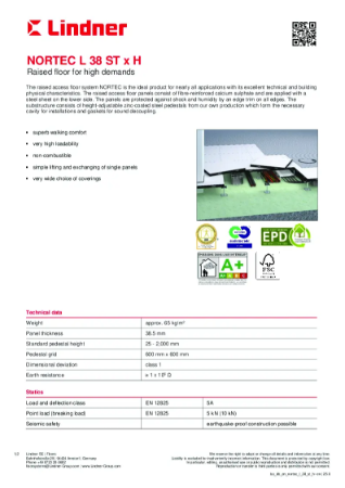 Calcium sulphate raised access floor - NORTEC - L 38 ST H - Data Sheet