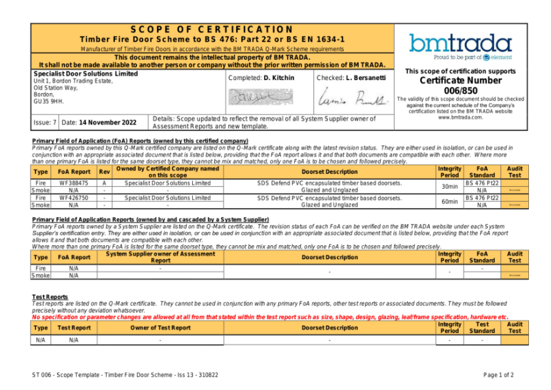 BM Trada Scope of Certification