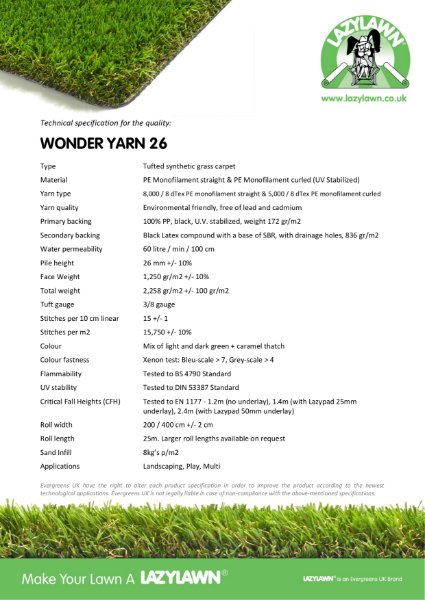 Wonder Yarn 26mm - Technical Data Sheet