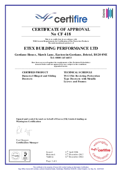 Etex Promat Durasteel Certfire Approval  Hinged and Sliding Doors - No CF 418