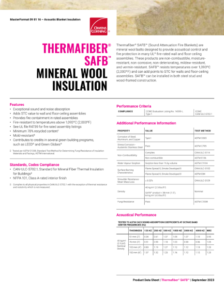 Thermafiber SAFB Mineral Wool Insulation Data Sheet