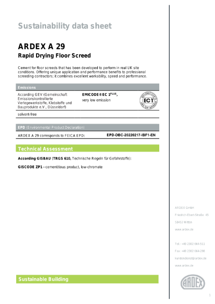 ARDEX A 29 Sustainability Data Sheet