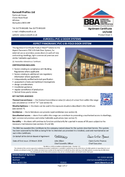 Aspect PVC-U Bi-Fold Door BBA Certificate 14/5150