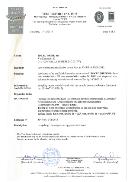 Test Report Slip Resistance: Microtopping® Base Coat Sanded 60+ HP Coat Sanded 60+ Sealer PU WB