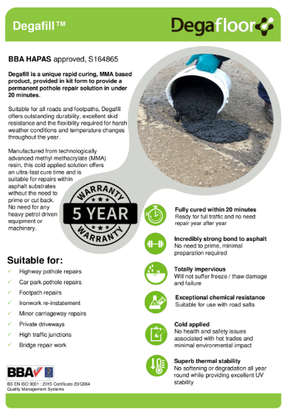 Degafill Road Repair Kit datasheet - resin