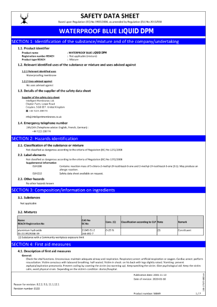 Waterproof Blue DPM Technical Data Sheets