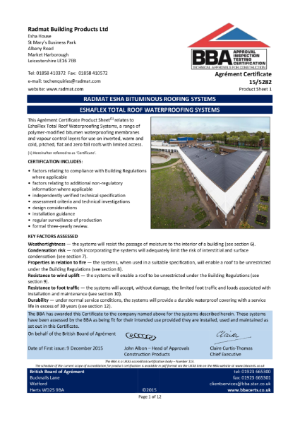 BBA Certificate EshaFlex Total Roof Waterproofing Systems