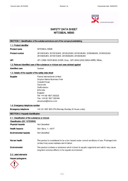 Fosroc Nitoseal MS60 Safety Data Sheet