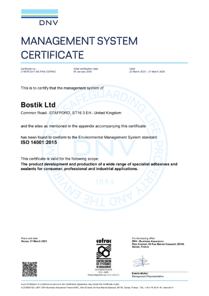 Bostik UK ISO 14001 Certificate