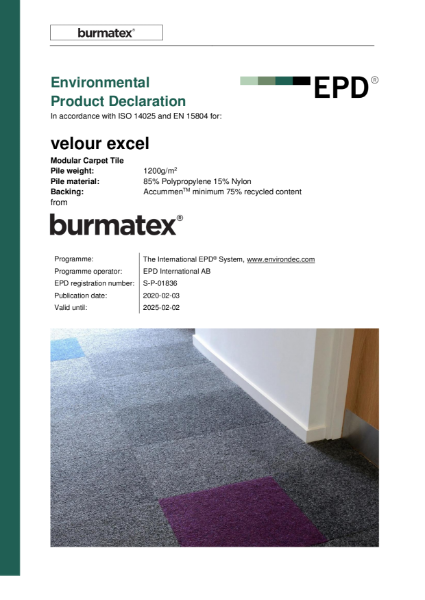 EPD certificate for carpet tiles velour excel