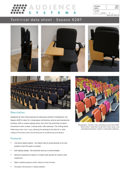 Espace 628T chair with writing tablet: Suitable for lecture theatres, retractable, removable, and auditorium seating.