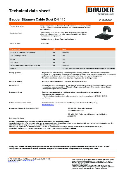 Bauder Bitumen Cable Duct DN 110 - Technical Data Sheet