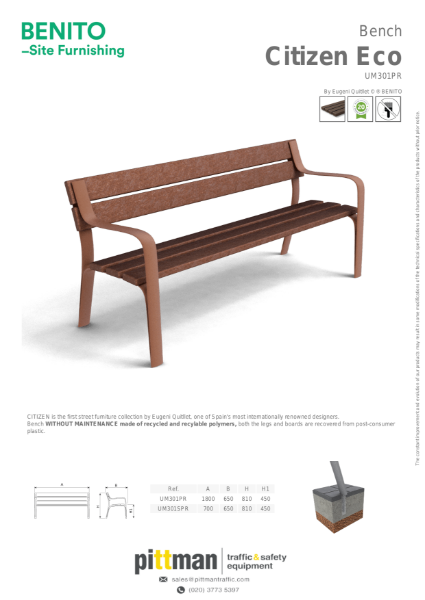 Benito Citizen Eco Recycled Park Bench Data Sheet