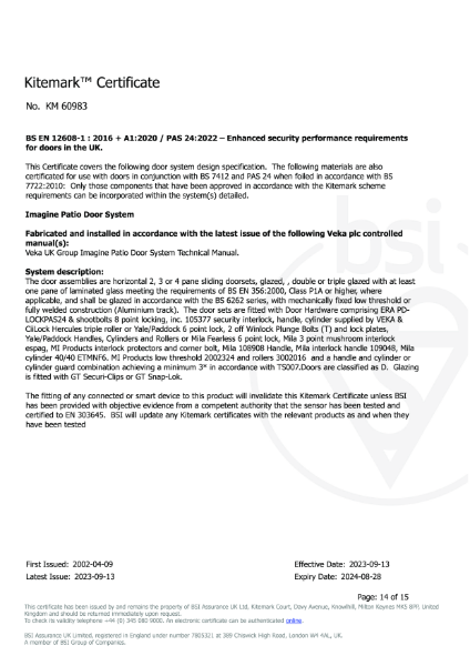 Imagine Patio Door Kitemark™ Certificate No. KM 60983