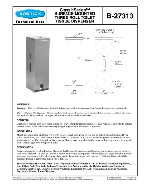 ClassicSeries™ Surface-Mounted Three Roll Toilet Tissue Dispenser - B-27313