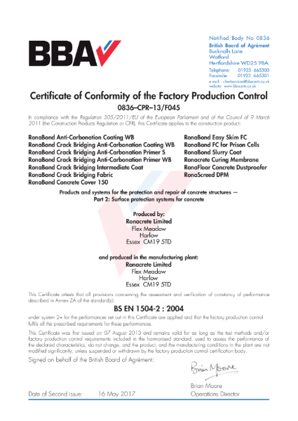 FPC Certificate (0836–CPR–13-F045 to BS EN 1504-2)