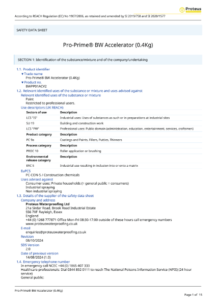 Safety Data Sheet - Pro-Prime® BW Accelerator