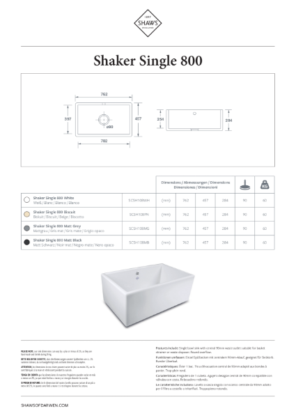 Shaker 800 Single Bowl Kitchen Sink - PDS