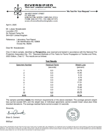 National Fire Protection Association No. 701 Flame Propagation of Textiles and Films
