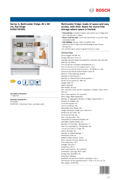 Series 4, Built-under fridge, 82 x 60
cm, flat hinge
KUR21VFE0G