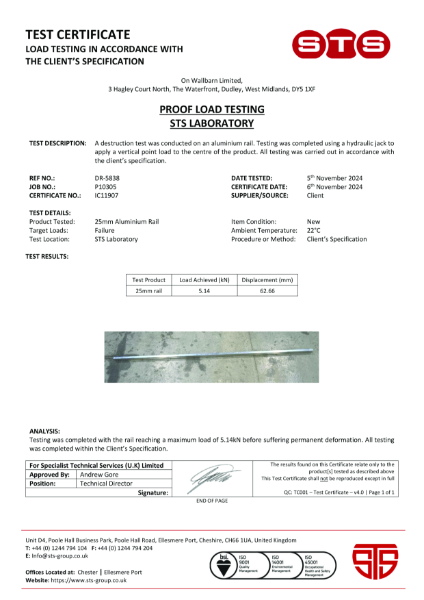 Certification - 25mm Box Rail Maximum Displacement Test