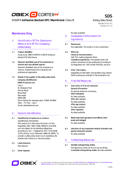 OBEX CORTEX 0160FR Self-Adhesive DPC - SDS