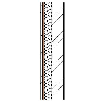 Weatherboard cladding with timber frame, weather barrier, particleboard insulation, steel frame and plasterboard lining
