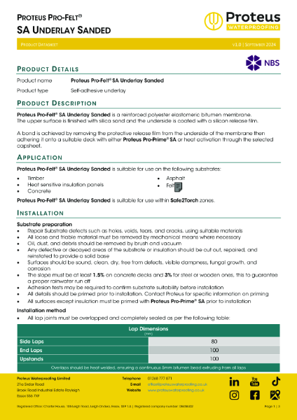 Product Data Sheet - Proteus Pro-Felt® SA Underlay Sanded