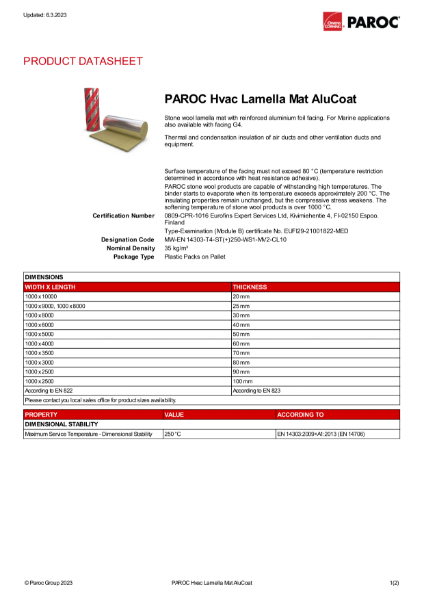 PAROC Hvac Lamella Mat AluCoat - datasheet
