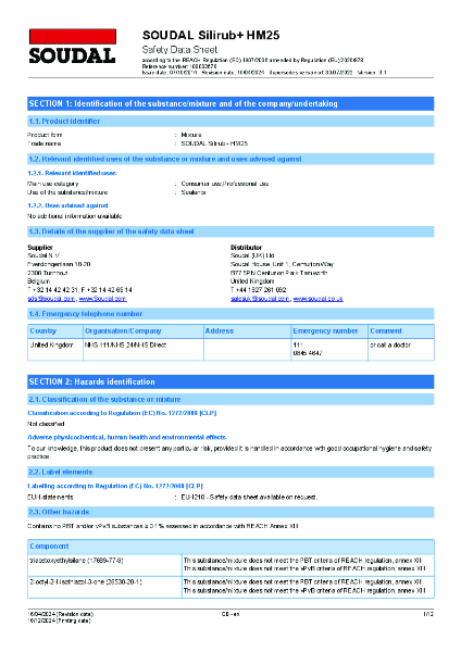 Silirub+ HM25 Safety Data Sheet (SDS)