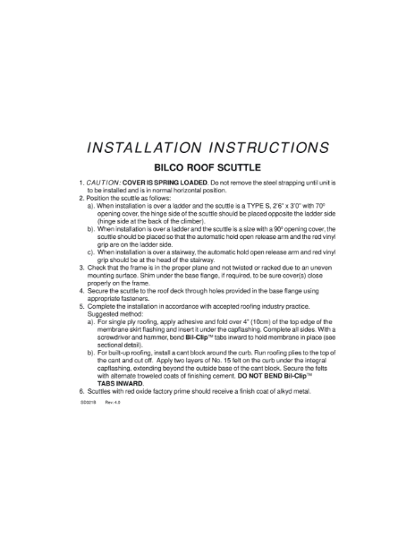 INSTALLATION INSTRUCTIONS - BILCO ROOF SCUTTLE