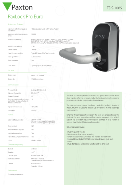 PaxLock, Euro, Internal - data sheet