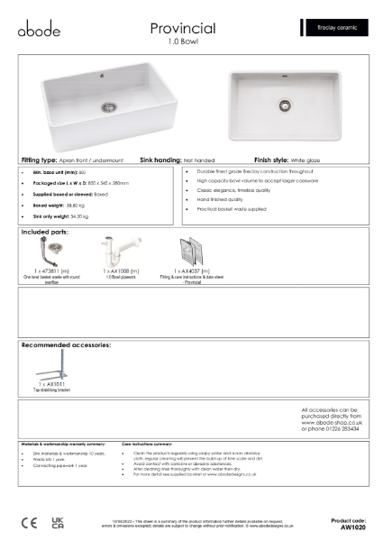 AW1020 Provincial. Ceramic Sit On (Single Bowl) - Consumer Spec