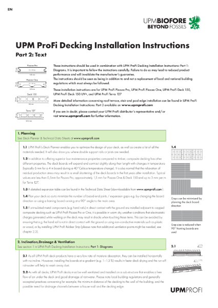 Installation Instructions for UPM ProFi® Piazza Pro, Piazza One, Deck 150