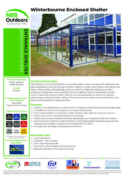 Winterbourne Enclosed Shelter – Product Data Sheet