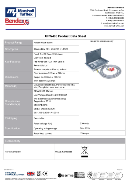 UPW405 Raised Floor Box Product Data Sheet