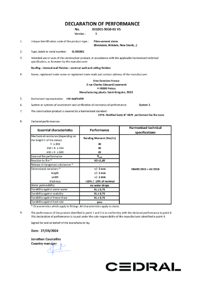 Cedral Rivendale / Birkdale Rennes Declaration Of Performance