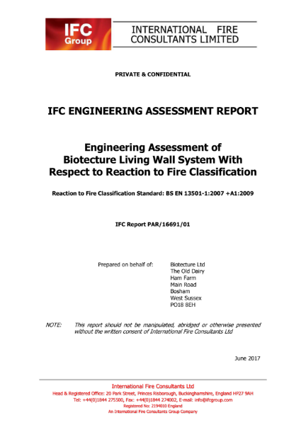 Engineering Assessment of Biotecture Living Wall System with Respect to Reaction to Fire Classification