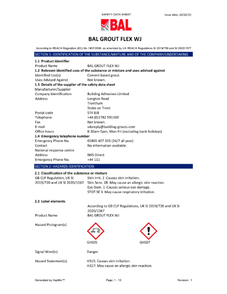 BAL Grout Flex Wide Joint Material Safety Datasheet