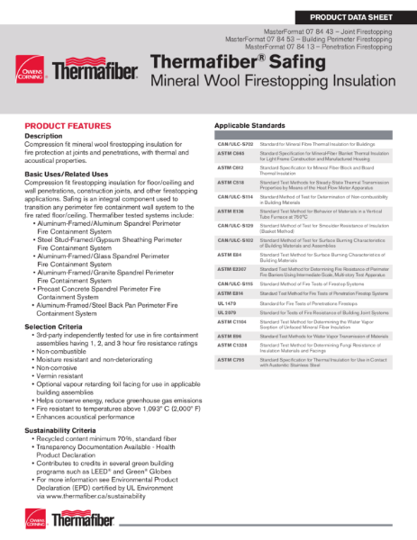 Thermafiber Safing Mineral Wool Insulation Data Sheet