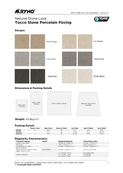 Tocco Stone Porcelain Tiles Data Sheet