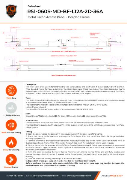 Datasheet - Metal Faced Riser Door Beaded Frame 2 Hour Fire Rated Smoke Tested 36dB Acoustic Double Door - R51-060S-MD-BF-L12A-2D-36A