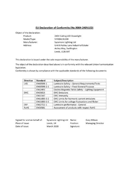 Declaration of Conformity - SY9004WH