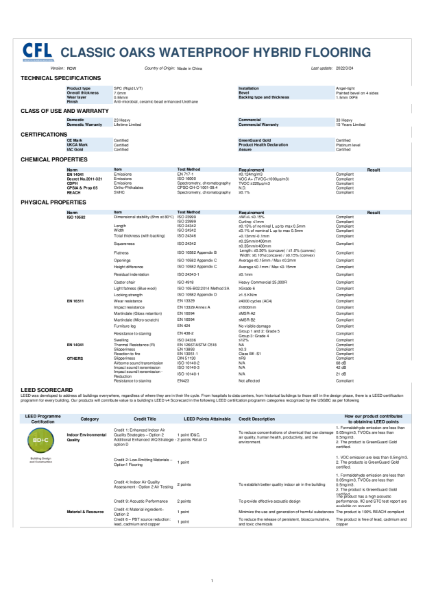 Classic Oaks Waterproof Hybrid Flooring Specification Sheet