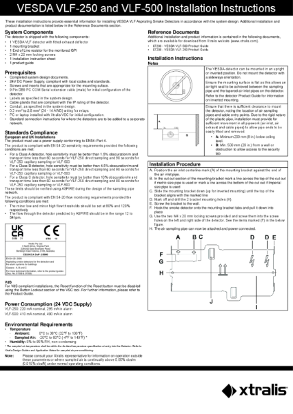 XTRALIS VESDA VLF-250 / 500 Installation Sheet