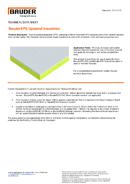 Bauder XPS Upstand Board  - Technical Data Sheet